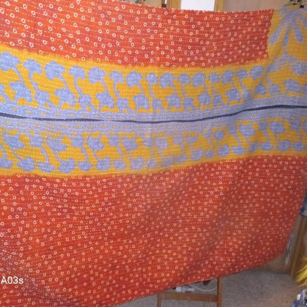 Kantha Quilt Blue Yellow Burnt Orange 54" x 83" Premium 3 Layer Cotton K141. - Picture 2 of 6